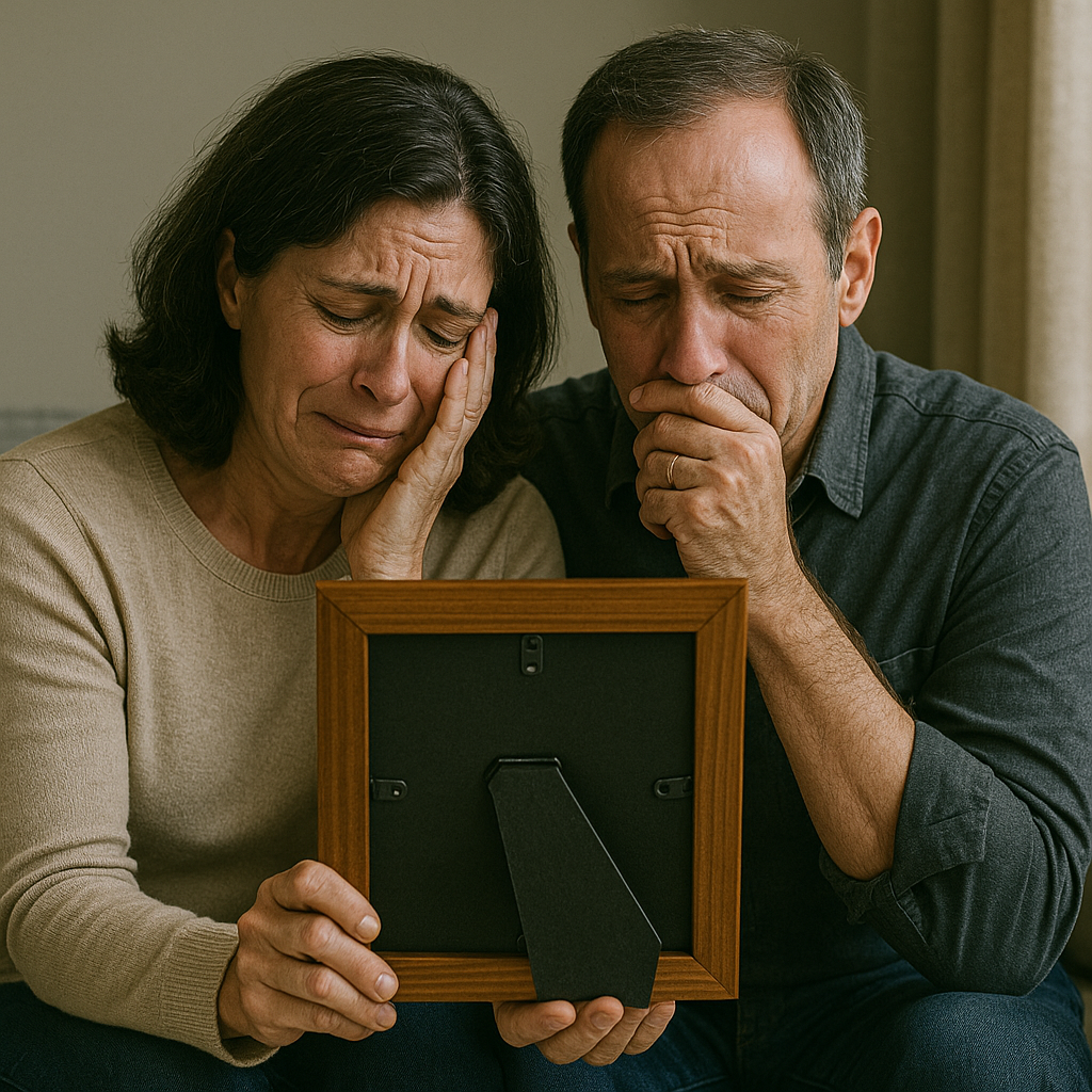 Grieving parents holding a picture frame facing backward, symbolizing loss and emotional pain related to a child’s addiction.